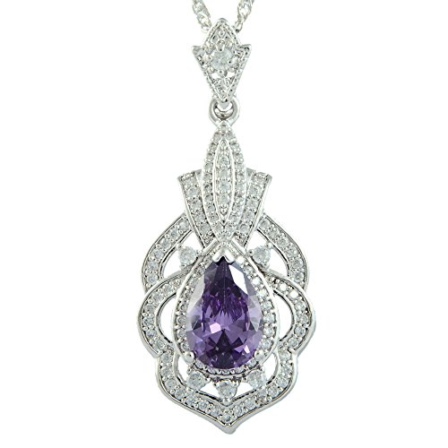 RIVA Anhänger mit 45cm(18") Kette & Tropfenschliff Edelstein Zirkonia CZ [Lila Amethyst] in 18K Weißes Gold Vergoldet, Einfache Moderne Eleganz von Rizilia