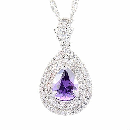 RIVA Anhänger mit 45cm(18") Kette & Tropfenschliff Edelstein Zirkonia CZ [Lila Amethyst] in 18K Weißes Gold Vergoldet, Einfache Moderne Eleganz von Rizilia