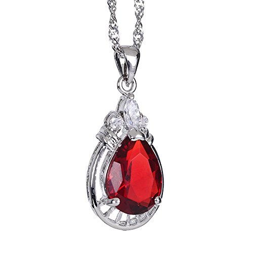 RIVA Anhänger mit 45cm(18") Kette & Tropfenschliff Edelstein Zirkonia CZ [Rot Rubin] in 18K Weißes Gold Vergoldet, Einfache Moderne Eleganz von RIVA