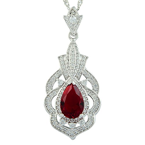 RIVA Anhänger mit 45cm(18") Kette & Tropfenschliff Edelstein Zirkonia CZ [Rot Rubin] in 18K Weißes Gold Vergoldet, Einfache Moderne Eleganz von Rizilia