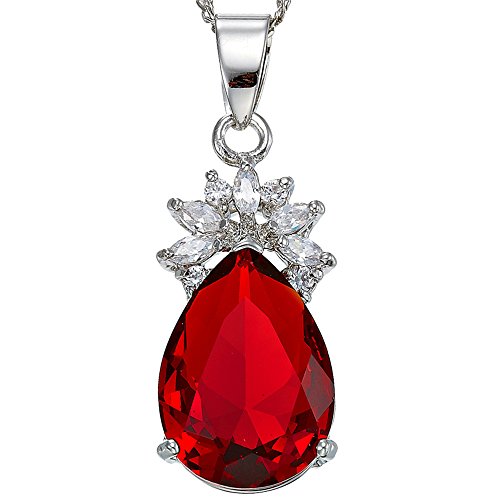 RIVA Anhänger mit 45cm(18") Kette & Tropfenschliff Edelstein Zirkonia CZ [Rot Rubin] in 18K Weißes Gold Vergoldet, Einfache Moderne Eleganz von Rizilia