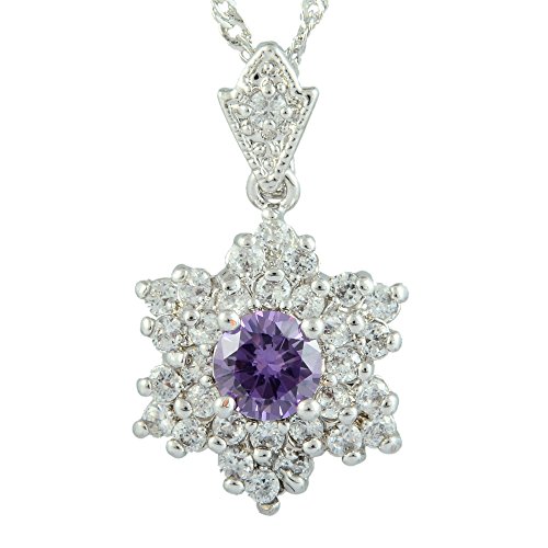 RIVA Blume Anhänger mit 45cm(18") Kette & Rundschliff Edelstein Zirkonia CZ [Lila Amethyst] in 18K Weißes Gold Vergoldet, Einfache Moderne Eleganz von RIVA