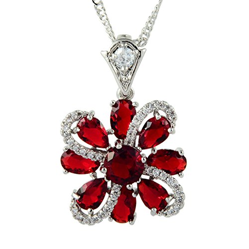 RIVA Blume Anhänger mit 45cm(18") Kette & Tropfenschliff Edelstein Zirkonia CZ [Rot Rubin] in 18K Weißes Gold Vergoldet, Einfache Moderne Eleganz von Rizilia