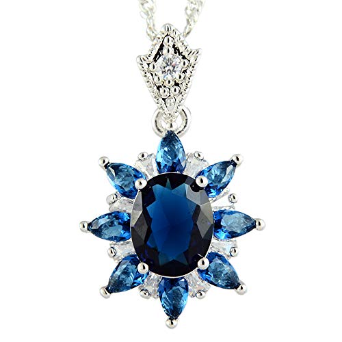 RIVA Blume Anhänger mit 46cm(18") Kette & Ovalschliff Edelstein Zirkonia CZ [Blau Saphir] in 18K Weißes Gold Vergoldet, Einfache Moderne Eleganz von Rizilia