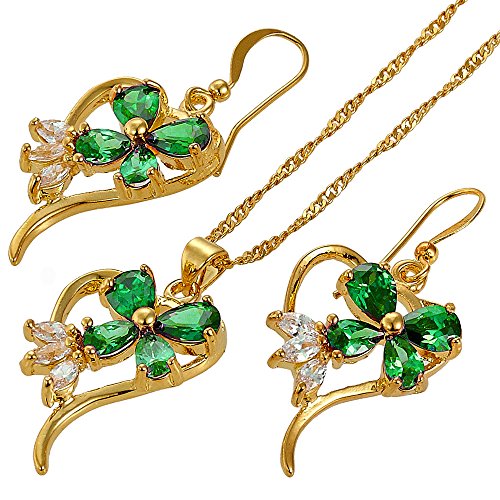 RIVA BLUME Schmuckset Anhänger mit 45cm(18") Kette & Ohrhänger Ohrringe Tropfenschliff Edelstein Zirkonia CZ [Grün Smaragd] in 18K Gelbgold Vergoldet, Einfache Moderne Eleganz von RIVA