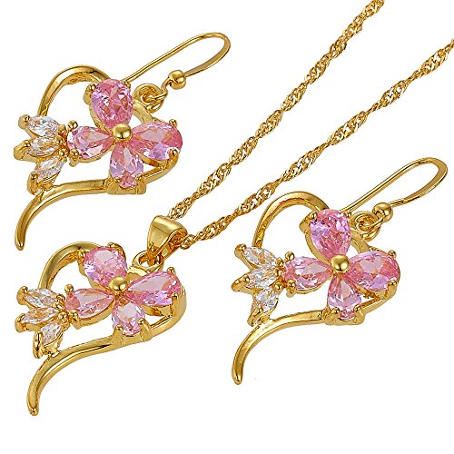 RIVA Blume Schmuckset Anhänger mit 45cm(18") Kette & Ohrhänger Ohrringe Tropfenschliff Edelstein Zirkonia CZ [Rosa Saphir] in 18K Gelbgold Vergoldet, Einfache Moderne Eleganz von RIVA