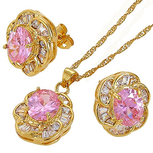 RIVA Blume Schmuckset Anhänger mit 45cm(18") Kette & Ohrstecker Ohrringe Ovalschliff Edelstein Zirkonia CZ [Rosa Saphir] in 18K Gelbgold Vergoldet, Einfache Moderne Eleganz von RIVA