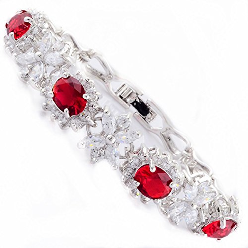 RIVA Blume Tennis Armband [18cm/7inch] mit Ovalschliff Edelstein Zirkonia CZ [Rot Rubin] in 18K Weißgold Vergoldet, Einfache Moderne Eleganz von Rizilia