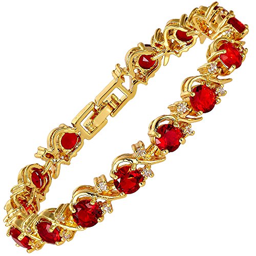 RIVA Blume Tennis Armband [18cm/7inch] mit Rundschliff Edelstein Zirkonia CZ [Rot Rubin] in 18K Gelbgold Vergoldet, Einfache Moderne Eleganz von Rizilia