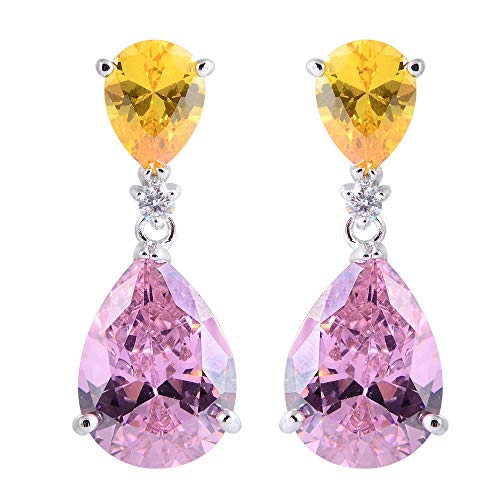 [RIVA CELEBOX] TRÄNE Gestochen Ohrhänger Ohrringe mit Tropfenschliff Edelstein Zirkonia CZ [Gelb Citrin & Rosa Saphir] in 18K Weißes Gold Vergoldet, Promi inspiriert von Angelina Jolie von Rizilia