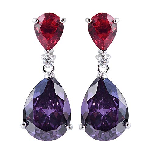 [RIVA CELEBOX] TRÄNE Gestochen Ohrhänger Ohrringe mit Tropfenschliff Edelstein Zirkonia CZ [Rot Rubin & Lila Amethyst] in 18K Weißes Gold Vergoldet, Promi inspiriert von Angelina Jolie von Rizilia