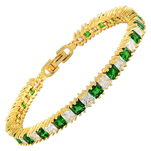 RIVA Eiswürfel Tennis Armband [18cm/7inch] mit Prinzessschliff Edelstein Zirkonia CZ [Grün Smaragd] in 18K Gelbgold Vergoldet, Einfache Moderne Eleganz von Rizilia