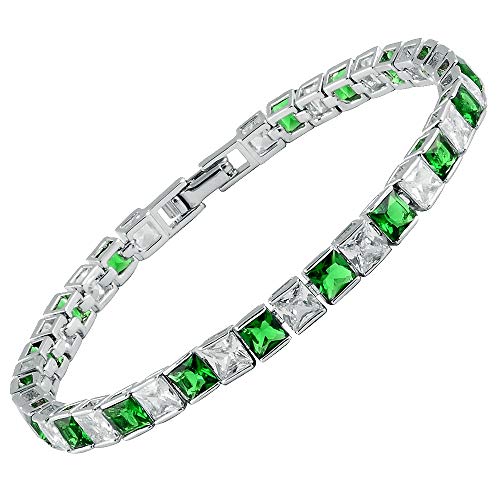 RIVA Eiswürfel Tennis Armband [18cm/7inch] mit Prinzessschliff Edelstein Zirkonia CZ [Grün Smaragd] in 18K Weiß Gold Vergoldet, Einfache Moderne Eleganz von Rizilia