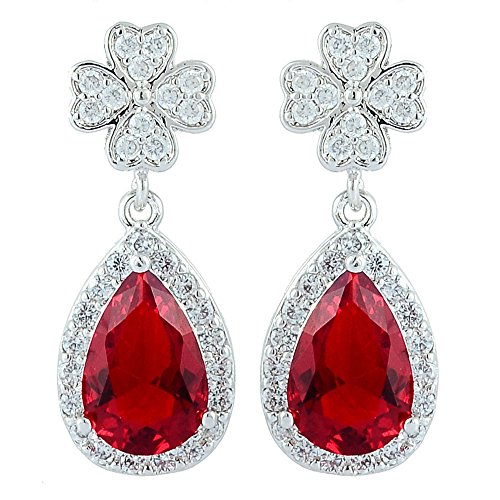 [RIVA KLEE] TRÄNE Gestochen Ohrhänger Ohrringe mit Tropfenschliff Edelstein Zirkonia CZ [Rot Rubin] in 18K Weißes Gold Vergoldet, Einfache Moderne Eleganz von Rizilia