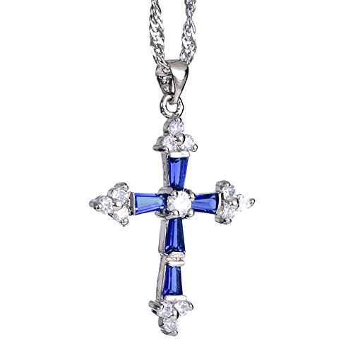 RIVA Kruzifix Kreuz Anhänger mit 45cm(18") Kette & Trapezschliff Edelstein Zirkonia CZ [Blau Saphir] in 18K Weißes Gold Vergoldet, Einfache Moderne Eleganz von RIVA