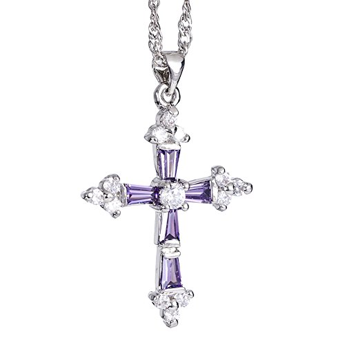 RIVA Kruzifix Kreuz Anhänger mit 45cm(18") Kette & Trapezschliff Edelstein Zirkonia CZ [Lila Amethyst] in 18K Weißes Gold Vergoldet, Einfache Moderne Eleganz von RIVA