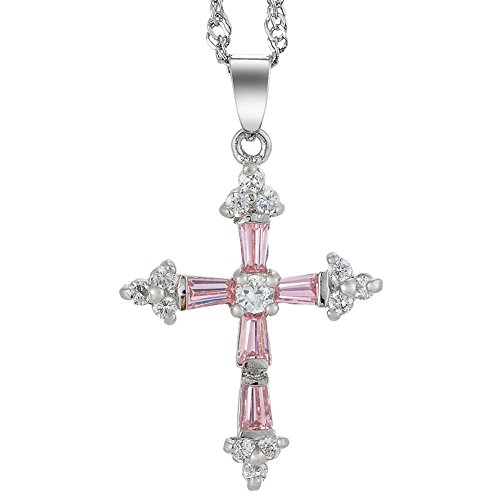RIVA Kruzifix Kreuz Anhänger mit 45cm(18") Kette & Trapezschliff Edelstein Zirkonia CZ [Rosa Saphir] in 18K Weißes Gold Vergoldet, Einfache Moderne Eleganz von Rizilia