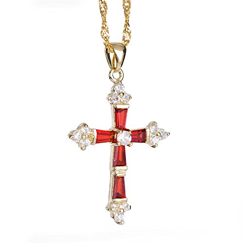 RIVA Kruzifix Kreuz Anhänger mit 45cm(18") Kette & Trapezschliff Edelstein Zirkonia CZ [Rot Rubin] in 18K Gelbgold Vergoldet, Einfache Moderne Eleganz von RIVA