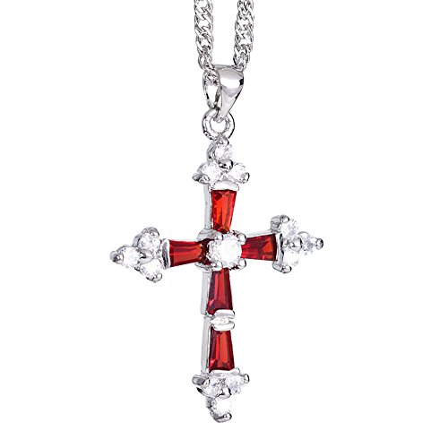 RIVA Kruzifix Kreuz Anhänger mit 45cm(18") Kette & Trapezschliff Edelstein Zirkonia CZ [Rot Rubin] in 18K Weißes Gold Vergoldet, Einfache Moderne Eleganz von Rizilia