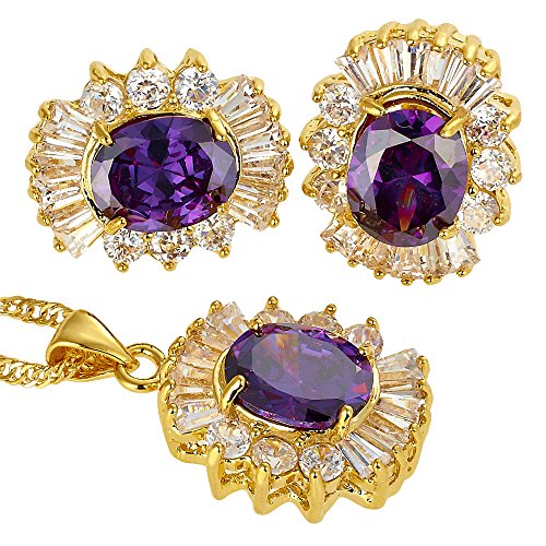 RIVA Schmuckset Anhänger mit 45cm(18") Kette & Ohrstecker Ohrringe Ovalschliff Edelstein Zirkonia CZ [Lila Amethyst] in 18K Gelbgold Vergoldet, Einfache Moderne Eleganz von RIVA