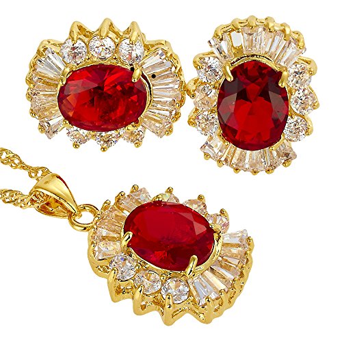 RIVA Schmuckset Anhänger mit 45cm(18") Kette & Ohrstecker Ohrringe Ovalschliff Edelstein Zirkonia CZ [Rot Rubin] in 18K Gelbgold Vergoldet, Einfache Moderne Eleganz von RIVA