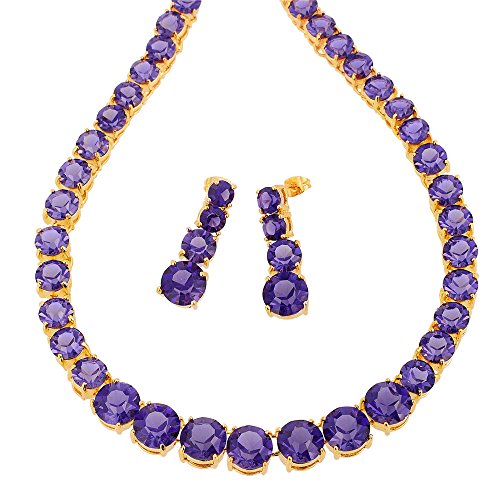 RIVA Schmuckset mit 50cm(19") Halskette & Ohrhänger Ohrringe Rundschliff Edelstein Zirkonia CZ [Lila Amethyst] in 18K Gelbgold Vergoldet, Einfache Moderne Eleganz von RIVA