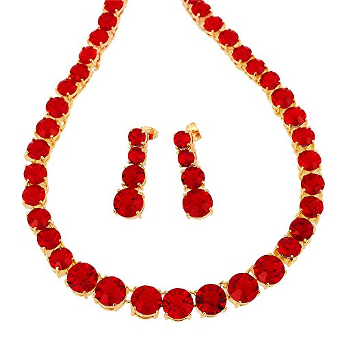 RIVA Schmuckset mit 50cm(19") Halskette & Ohrhänger Ohrringe Rundschliff Edelstein Zirkonia CZ [Rot Granat] in 18K Gelbgold Vergoldet, Einfache Moderne Eleganz von RIVA