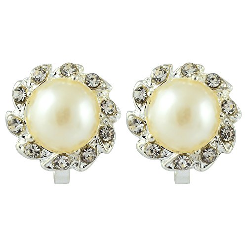 RIVA Sonne Clip on Ohrklemme Ohrringe mit Rundschliff Strass Kristall [Creme Elfenbein Perlen] in 18K Weißes Gold Vergoldet, Einfache Moderne Eleganz von Rizilia