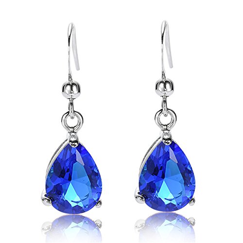[RIVA TRÄNE] Gestochen Ohrhänger Ohrringe mit Tropfenschliff Edelstein Zirkonia CZ [Blau Saphir] in 18K Weißes Gold Vergoldet, Einfache Moderne Eleganz von Rizilia