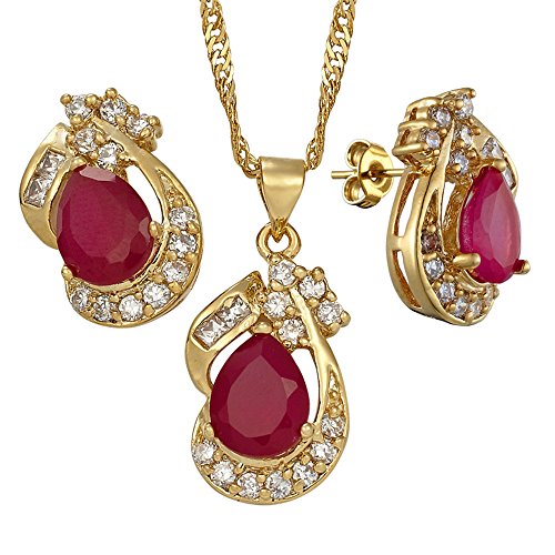 RIVA TRÄNE Schmuckset Anhänger mit 45cm(18") Kette & Ohrstecker Ohrringe Tropfenschliff Edelstein Zirkonia CZ [Rot Rubin] in 18K Gelbgold Vergoldet, Einfache Moderne Eleganz von RIVA