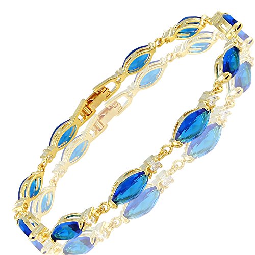 RIVA Tennis Armband [18cm/7inch] mit Marquiseschliff Edelstein Zirkonia CZ [Blau Saphir] in 18K Gelbgold Vergoldet, Einfache Moderne Eleganz von Rizilia