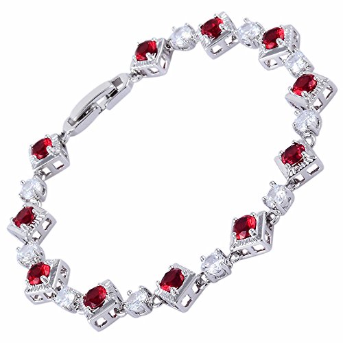 RIVA Tennis Armband [18cm/7inch] mit Rundschliff Edelstein Zirkonia CZ [Rot Rubin] in 18K Weißgold Vergoldet, Einfache Moderne Eleganz von Rizilia