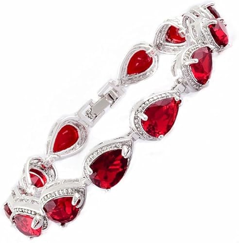RIVA Tennis Armband [18cm/7inch] mit Tropfenschliff Edelstein Zirkonia CZ [Rot Rubin] in 18K Weißgold Vergoldet, Einfache Moderne Eleganz von Rizilia
