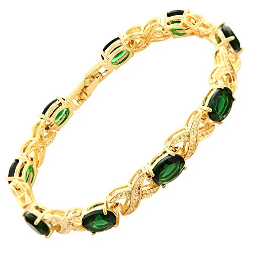 RIVA XOXO Verbindung Tennis Armband [18cm/7inch] mit Ovalschliff Edelstein Zirkonia CZ [Grün Smaragd] in 18K Gelbgold Vergoldet, Einfache Moderne Eleganz von Rizilia