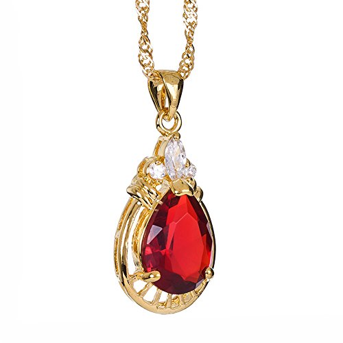 RIVA Anhänger mit 45cm(18") Kette & Tropfenschliff Edelstein Zirkonia CZ [Rot Rubin] in 18K Gelbgold Vergoldet, Einfache Moderne Eleganz von RIVA