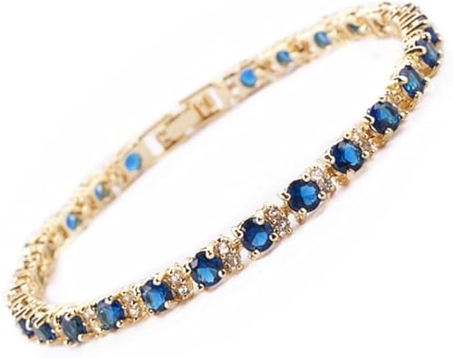 RIVA Ewigkeit Tennis Armband [18cm/7inch] mit Rundschliff Edelstein Zirkonia CZ [Blau Saphir] in 18K Gelbgold Vergoldet, Einfache Moderne Eleganz von Rizilia