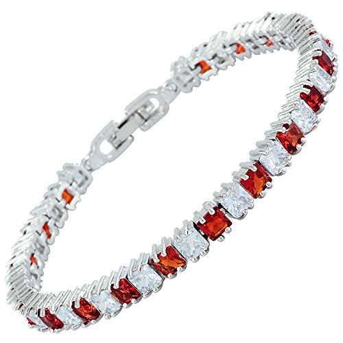 RIVA Eiswürfel Tennis Armband [18cm/7inch] mit Prinzessschliff Edelstein Zirkonia CZ [Rot Rubin] in 18K Weißgold Vergoldet, Einfache Moderne Eleganz von Rizilia