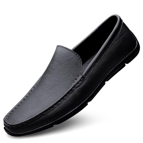 Herren Freizeit-Loafer Schuhe Leichte, flexible Slip-On-Lederschuhe mit flacher Sohle(Schwarz,40 EU) von RIXANT