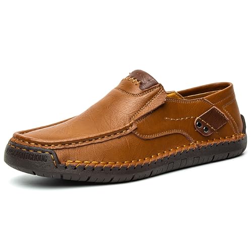 Herren-Loafer aus Leder for Hineinschlüpfen, bequeme Fahrschuhe, lässige Mokassins, flache Schuhe, leichte, atmungsaktive Hausschuhe(Light brown,46 EU) von RIXANT