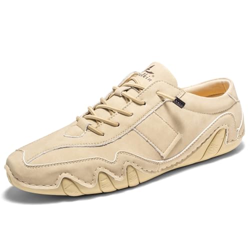 Minimalistische Lederschuhe for Herren, Business Casual, bequem, flach, Büro, Wanderschuhe, handgefertigtes Design(Beige,46 EU) von RIXANT