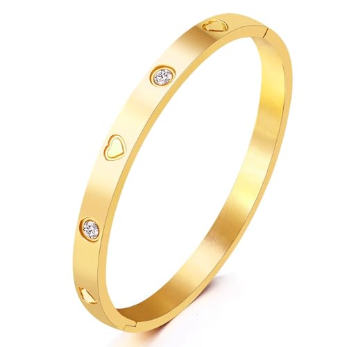 RIXERKOC 18k Gold plattiert Liebe Freundschaft Armband mit kubischen Zirkonia Steinen Armreif für Frauen Männer Edelstahl Armband für Liebe Paar Schmuck Armreif Geschenke (Gold-Herz, 48 * 58mm) von RIXERKOC