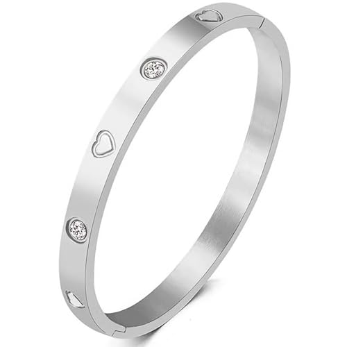 RIXERKOC 18k Gold plattiert Liebe Freundschaft Armband mit kubischen Zirkonia Steinen Armreif für Frauen Männer Edelstahl Armband für Liebe Paar Schmuck Armreif Geschenke (Silber-Herz, 48 * 58mm) von RIXERKOC