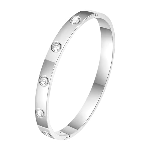 RIXERKOC 18k Gold plattiert Liebe Freundschaft Armband mit kubischen Zirkonia Steinen Armreif für Frauen Männer Edelstahl Armband für Liebe Paar Schmuck Armreif Geschenke (52 * 62mm, Silber) von RIXERKOC