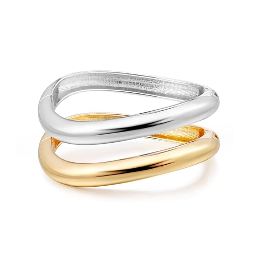 RIXERKOC 2 Stück Armreif Gold Armbänder für Damen Edelstahl unregelmäßige Manschette Armband Trendy Scharnier Manschette Offene Breite Chunky Silber Armreif Schmuck Geschenk (Gold&Silber) von RIXERKOC