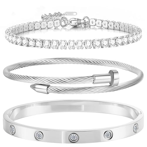 RIXERKOC 3PC Armband Damen Gold Wasserfest 18K Vergoldet Cubic Zirkonia Armreif Tennisarmband mit Edelstahl Nagel Armbänder Set Original Geschenke für Weihnachten Valentinstag (Silber) von RIXERKOC