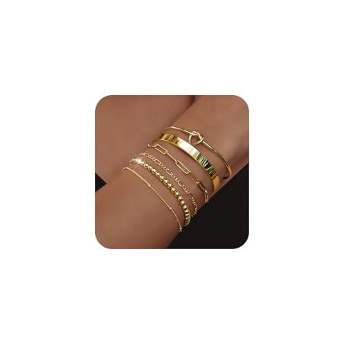 RIXERKOC 6 Stück Gold Armbänder für Damen, 18K Vergoldet stapelbares Armband-Set Modische Liebe Knoten Manschette Armreif Armbänder Verstellbare Kettenarmbänder Schmuck Geschenke von RIXERKOC
