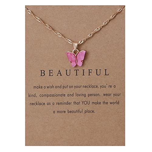 RIXERKOC Acryl Schmetterling Anhänger Halskette Verstellbare Schmetterling Kette für Frauen Mädchen Bunter Schmuck Geschenk für Geburtstag Valentinstag Muttertag (Rosa-Rot) von RIXERKOC