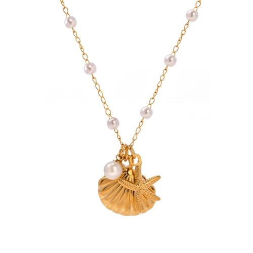 RIXERKOC Gold Charm Halskette für Damen mit Perle Seestern Muschel Anhänger Boho Charm Kette Strand Halskette 14k Gold Sommer Strand Surfer Schmuck Goldkette Geschenke (Stil B) von RIXERKOC