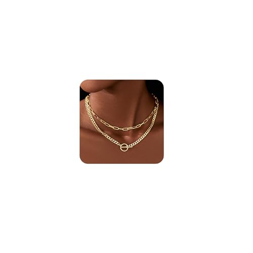 RIXERKOC Gold Layered Halsketten für Damen, 14K Dainty Silber gestapelt Kette Cuban Link Büroklammer Kette Toggle Clasp Halskette Mode Chunky Schmuck für Frauen Männer (Gold) von RIXERKOC