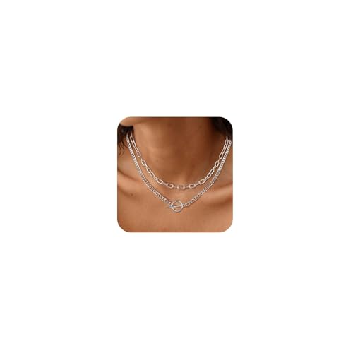 RIXERKOC Gold Layered Halsketten für Damen, 14K Dainty Silber gestapelt Kette Cuban Link Büroklammer Kette Toggle Clasp Halskette Mode Chunky Schmuck für Frauen Männer (Silber) von RIXERKOC